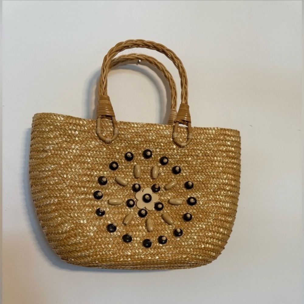 Tan and Black Straw Tote with Sunburst Design